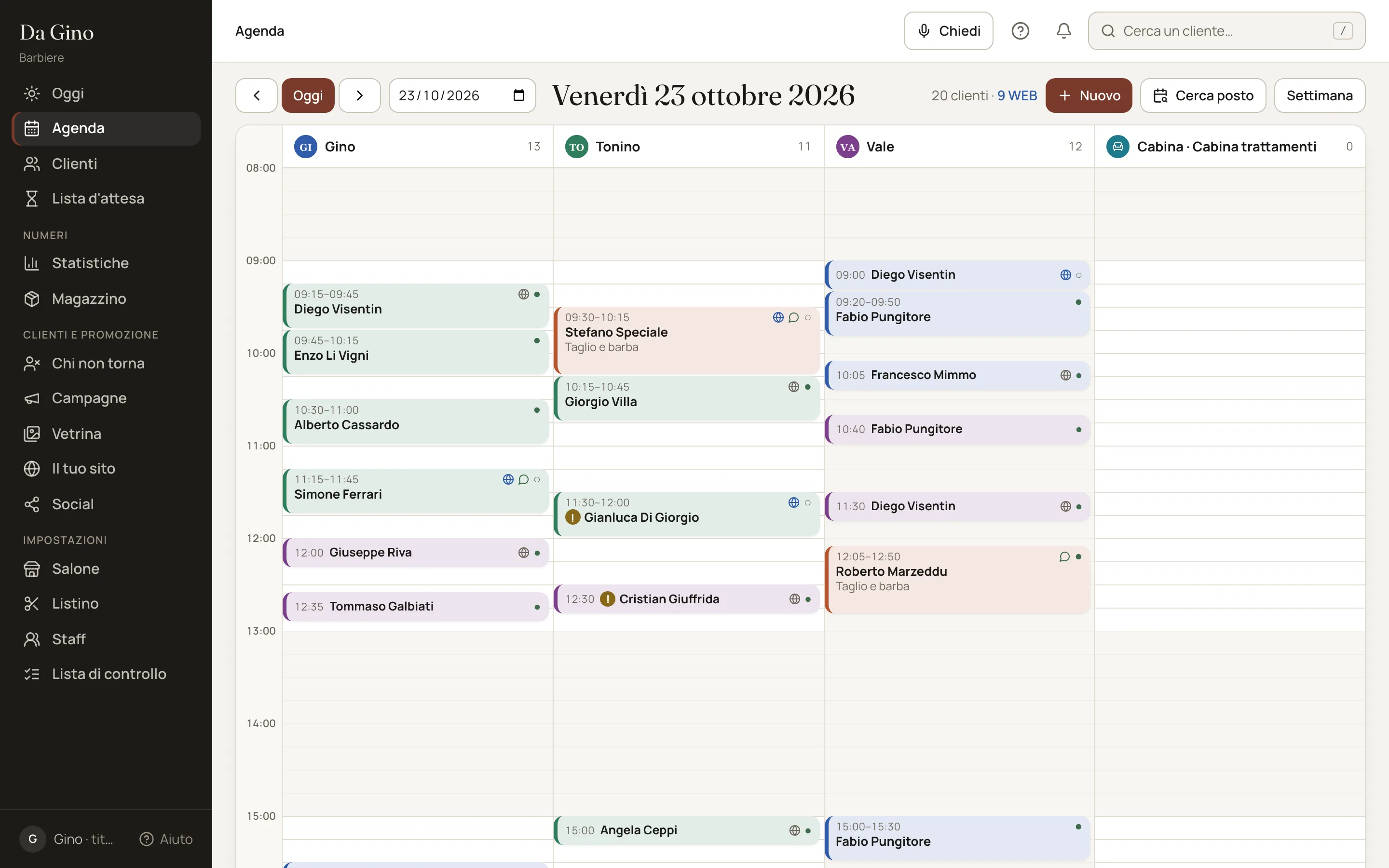 L'agenda del salone: una colonna per collaboratore con gli appuntamenti del giorno